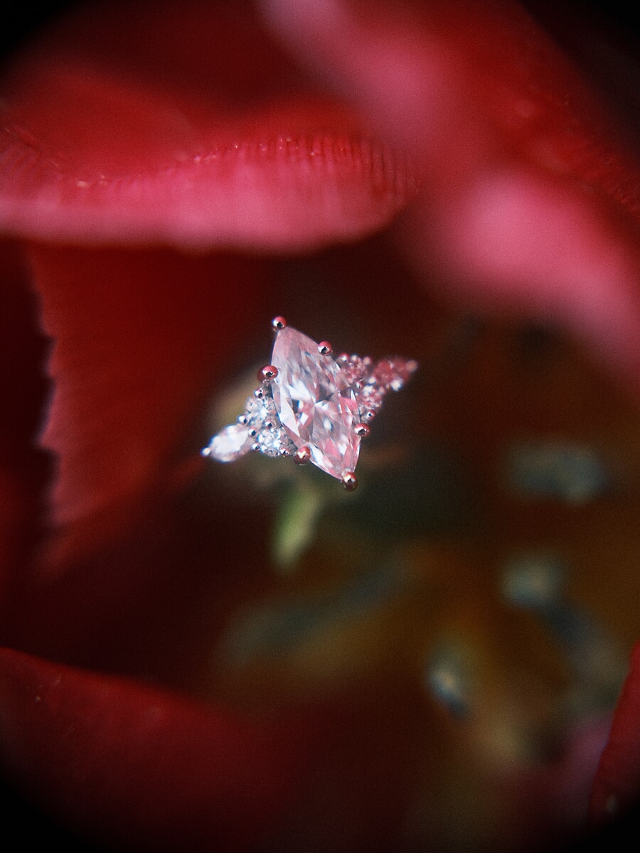 Proposal SP8 Artistic close-up of a marquise-cut diamond engagement ring resting on red rose petals