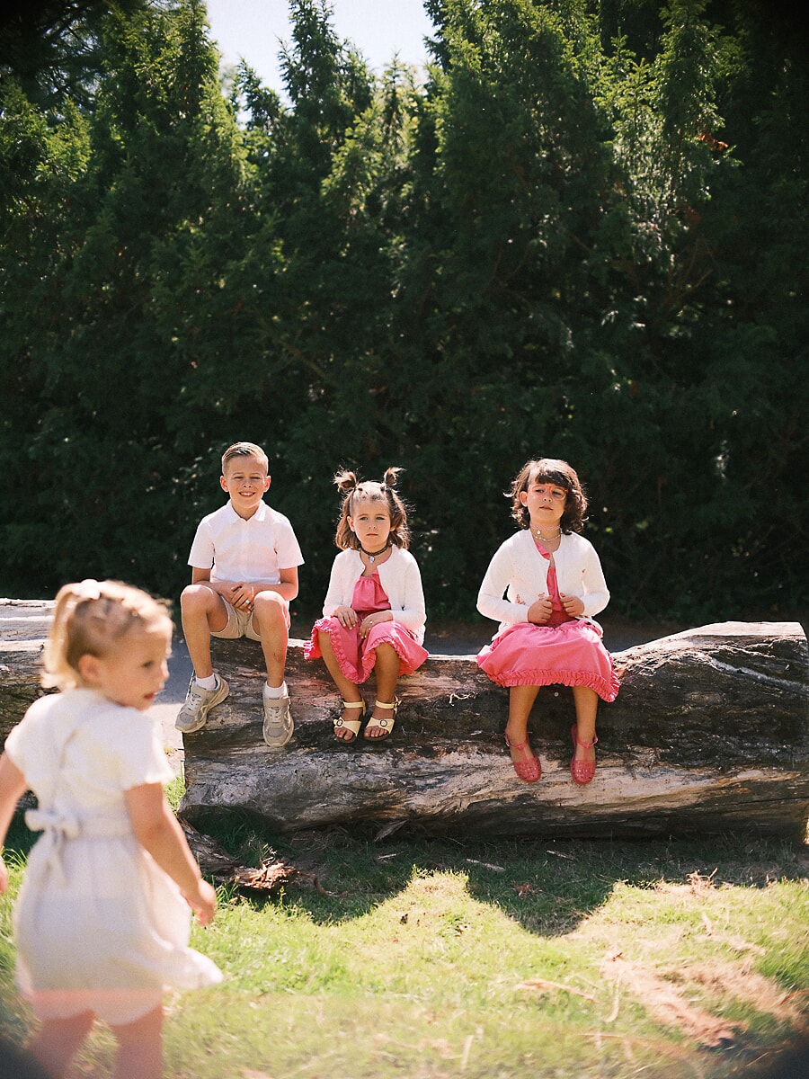 Family SP5 Four children in pink and white perched on a fallen log in a sunny garden, a playful moment of family photography