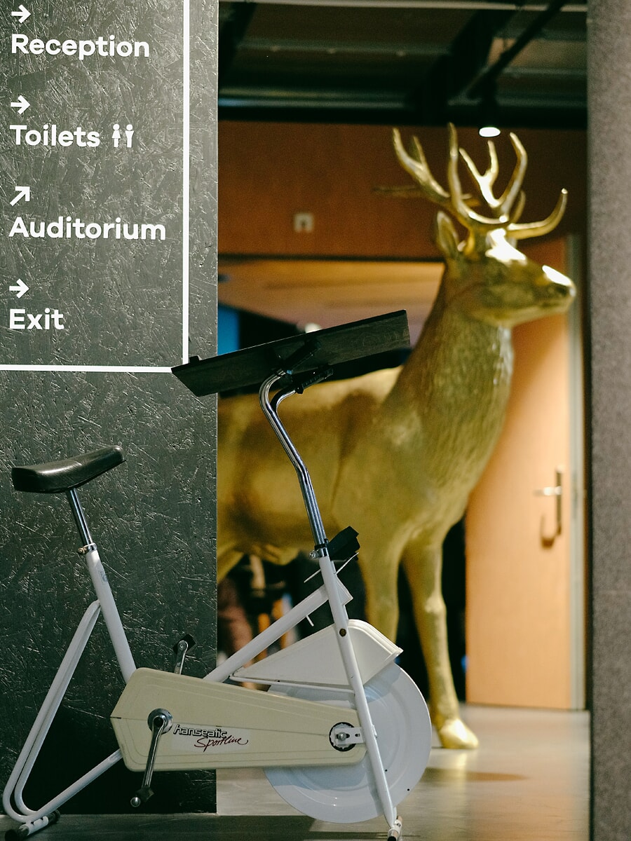 Corridor detail with a vintage exercise bike in front of a life-size gold stag, wayfinding signs on the wall