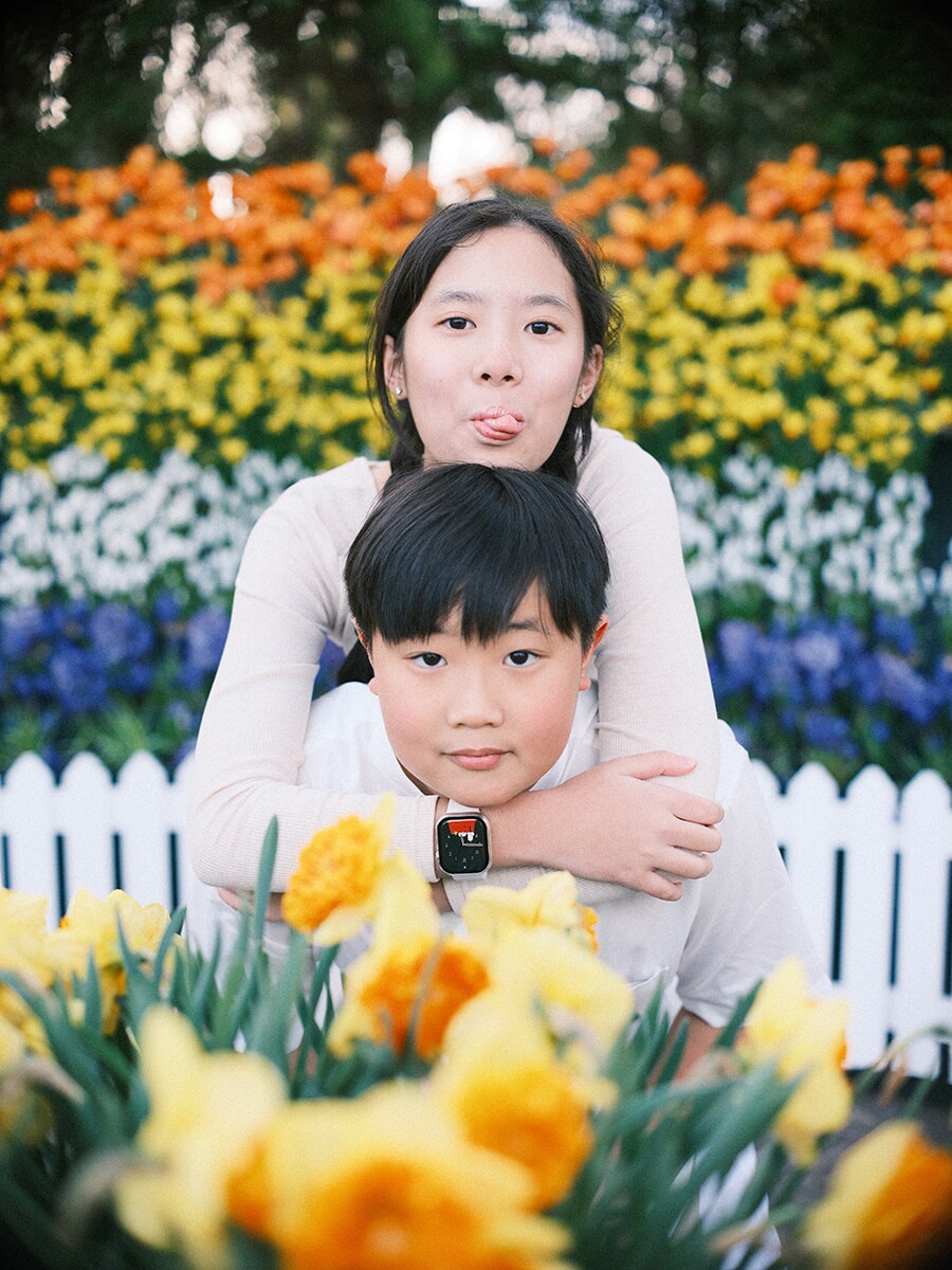 Teenage girl sticking out her tongue with her arms around a younger boy, bands of tulips behind a white picket fence at Keukenhof