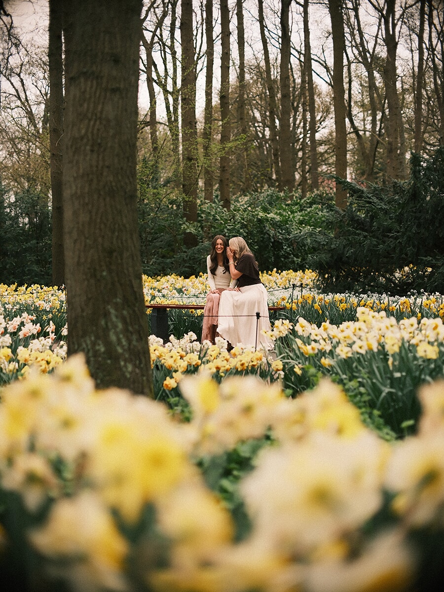 Two young women on a bench, one whispering in the other's ear, framed by a tree trunk and drifts of daffodils